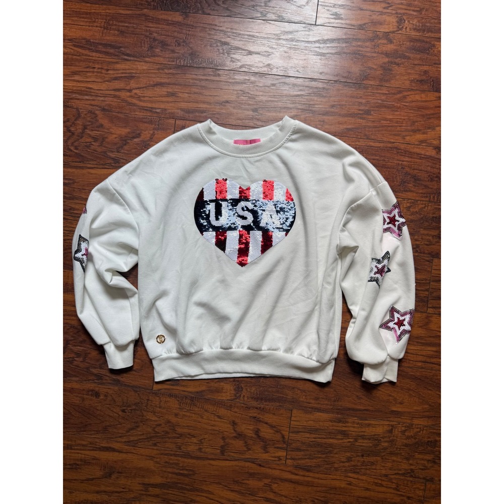 Simply Southern USA Heart Sequin Star Sweatshirt White Patriotic Pullover Medium